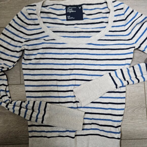 American Eagle Outfitters Sweaters - American Eagle Women's striped blue and grey striped wool cotton sweater size sm